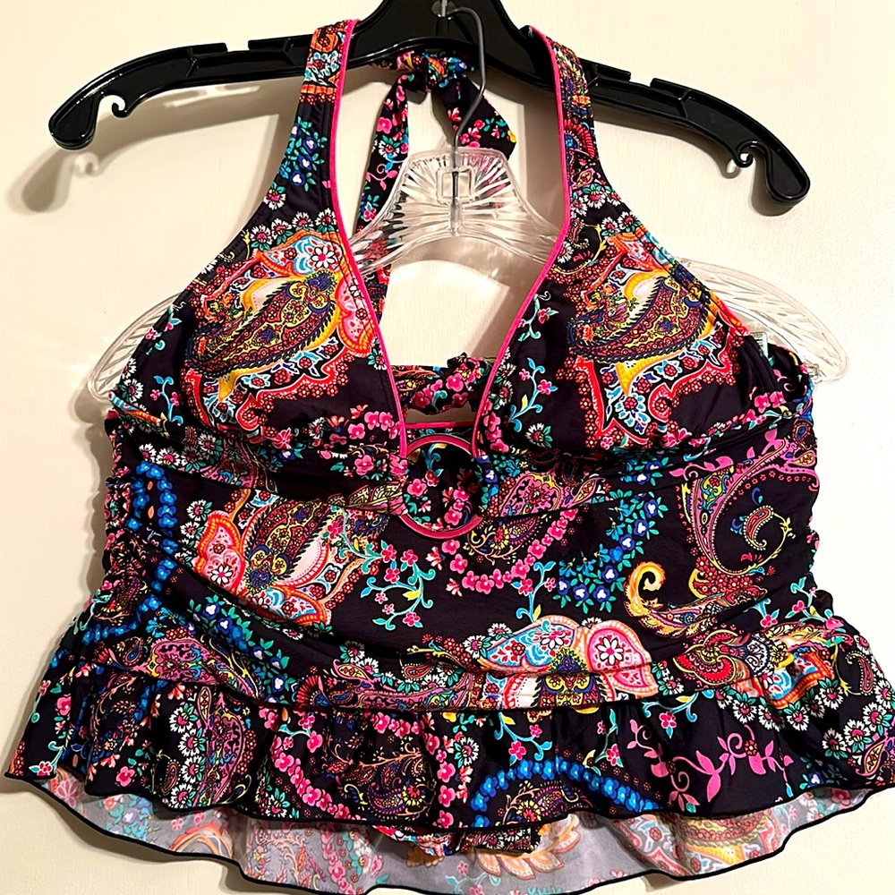 BECCA Black and Pink Halter Bikini with Ruched Cups